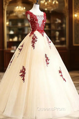 Gorgeous Champagne Tulle Long Sweet 16 Dress with Red Lace, Evening Gown