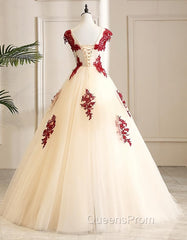 Gorgeous Champagne Tulle Long Sweet 16 Dress with Red Lace, Evening Gown