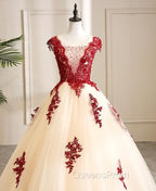 Gorgeous Champagne Tulle Long Sweet 16 Dress with Red Lace, Evening Gown
