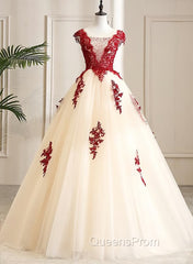 Gorgeous Champagne Tulle Long Sweet 16 Dress with Red Lace, Evening Gown