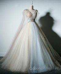 Gorgeous Champagne Tulle V-Neckline Sweet 16 Dress, Quinceanera Dress