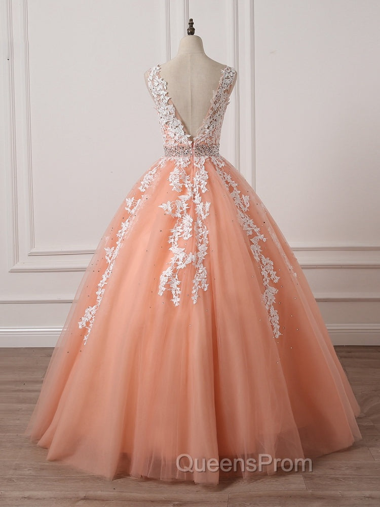 Gorgeous Coral Tulle High Quality V-neck Lace Appliques Beads Party Dress, Long Evening Dress Secondary image