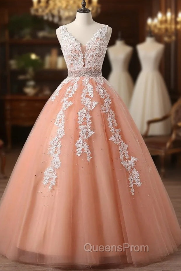 Gorgeous Coral Tulle High Quality V-neck Lace Appliques Beads Party Dress, Long Evening Dress Main image