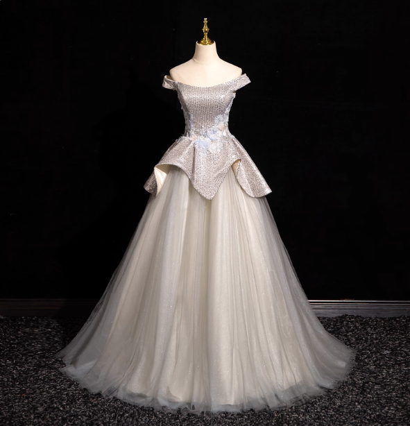 Gorgeous Court Silver-White One-Shoulder Sequin Tulle Long Ball Gown Prom Dress Sweet 16 Dress