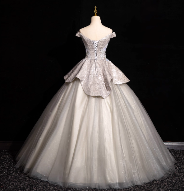 Gorgeous Court Silver-White One-Shoulder Sequin Tulle Long Ball Gown Prom Dress Sweet 16 Dress