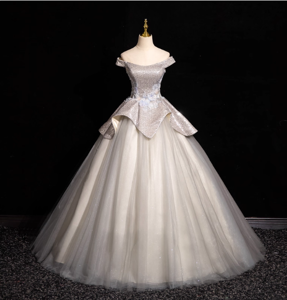 Gorgeous Court Silver-White One-Shoulder Sequin Tulle Long Ball Gown Prom Dress Sweet 16 Dress
