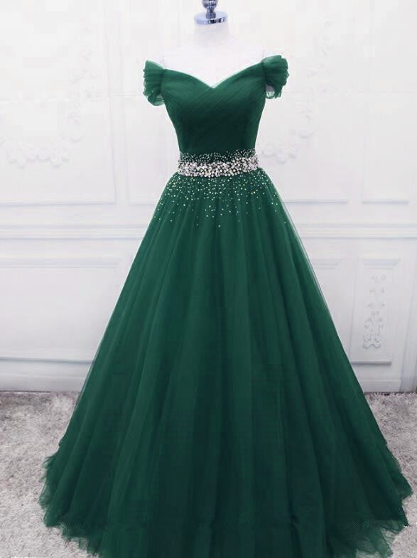 Gorgeous Dark Green Tulle Off Shoulder Long Party Dress, Classy Prom Gown