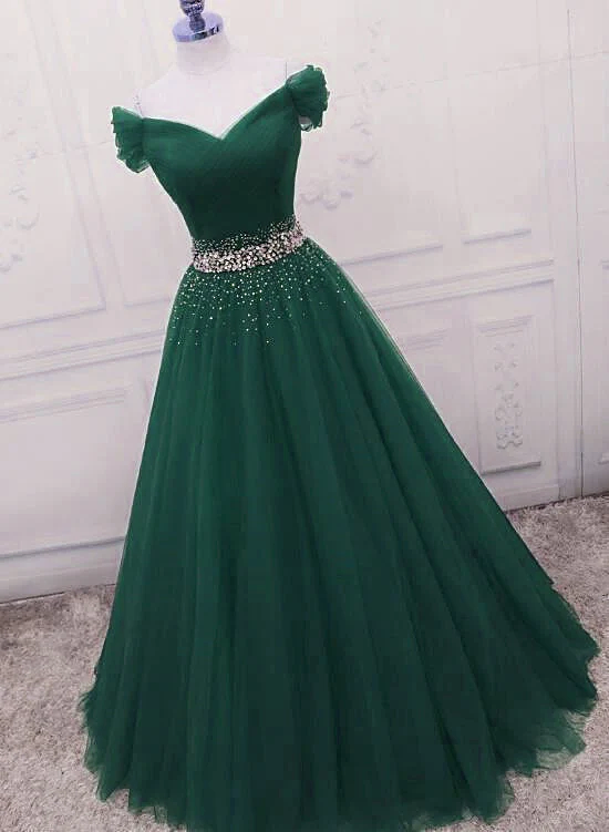 Gorgeous Dark Green Tulle Off Shoulder Long Party Dress, Classy Prom Gown Main image