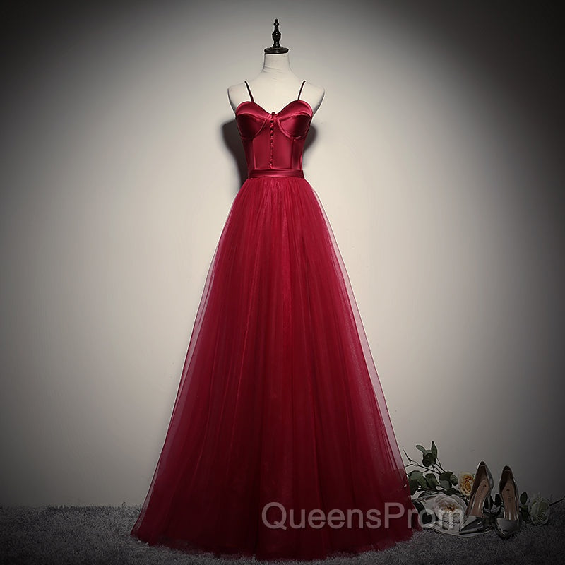 Gorgeous Dark Red Straps Tulle Long Party Dress, A-line Evening Dress Secondary image