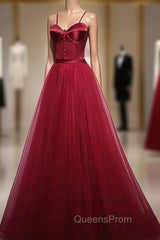 Gorgeous Dark Red Straps Tulle Long Party Dress, A-line Evening Dress