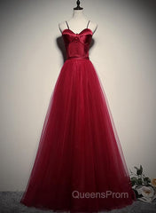 Gorgeous Dark Red Straps Tulle Long Party Dress, A-line Evening Dress