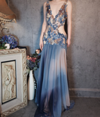 Gorgeous Gradient Blue 3D Floral Openwork Chiffon Long Classy Prom Dress