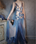 Gorgeous Gradient Blue 3D Floral Openwork Chiffon Long Classy Prom Dress