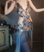 Gorgeous Gradient Blue 3D Floral Openwork Chiffon Long Classy Prom Dress