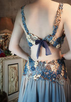 Gorgeous Gradient Blue 3D Floral Openwork Chiffon Long Classy Prom Dress