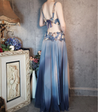 Gorgeous Gradient Blue 3D Floral Openwork Chiffon Long Classy Prom Dress