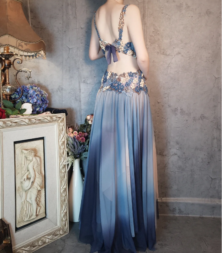 Gorgeous Gradient Blue 3D Floral Openwork Chiffon Long Classy Prom Dress