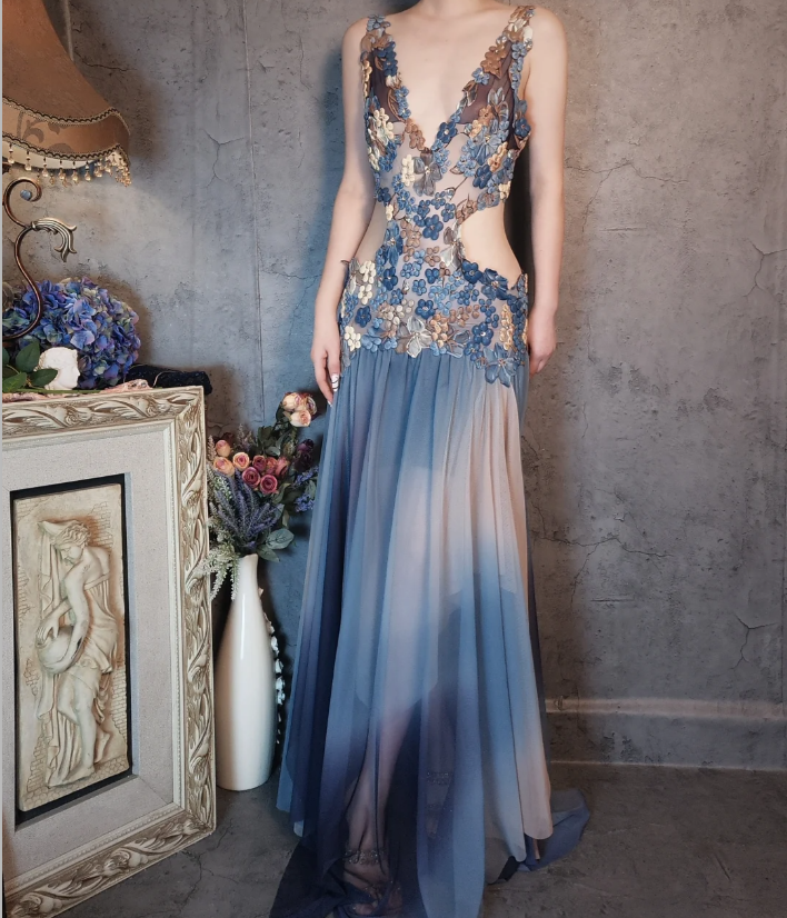 Gorgeous Gradient Blue 3D Floral Openwork Chiffon Long Classy Prom Dress