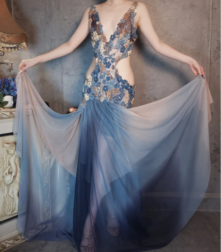 Gorgeous Gradient Blue 3D Floral Openwork Chiffon Long Classy Prom Dress