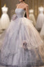 Gorgeous Gray Tulle Long Evening Dress, Gray Strapless Evening Dress
