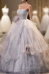 Gorgeous Gray Tulle Long Evening Dress, Gray Strapless Evening Dress