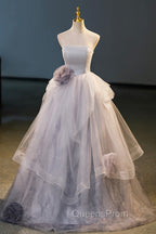Gorgeous Gray Tulle Long Evening Dress, Gray Strapless Evening Dress