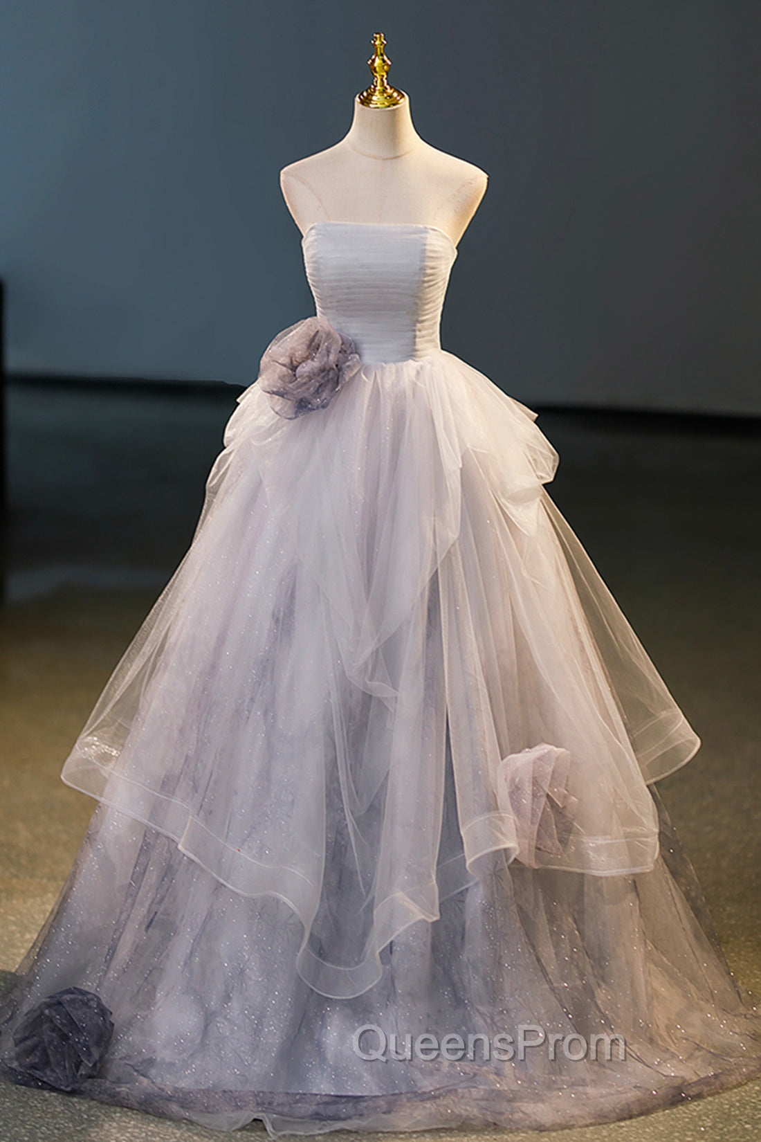 Gorgeous Gray Tulle Long Evening Dress, Gray Strapless Evening Dress