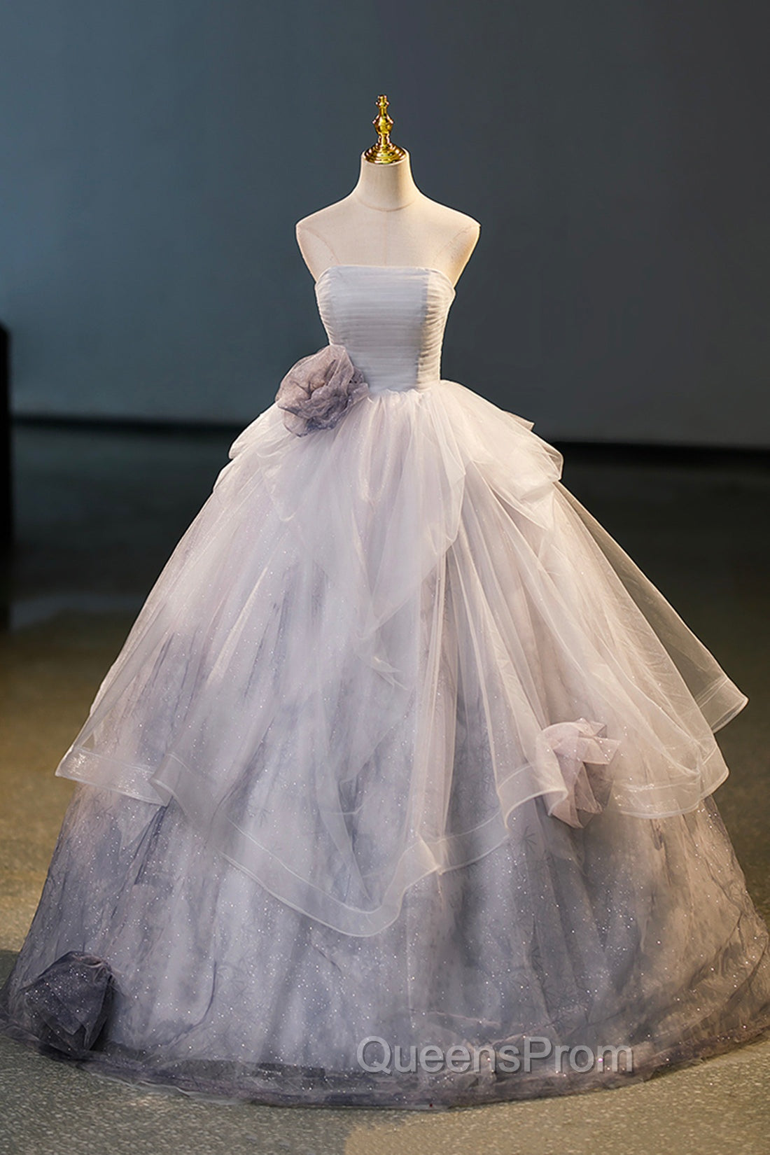 Gorgeous Gray Tulle Long Evening Dress, Gray Strapless Evening Dress Main image