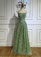 Gorgeous Green A-Line Square Neck Spaghetti Strap Beaded Embroidered Tulle Long Classy Prom Dress