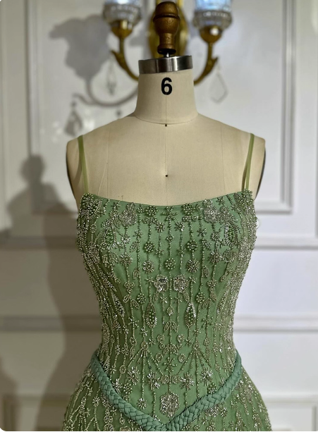 Gorgeous Green A-Line Square Neck Spaghetti Strap Beaded Embroidered Tulle Long Classy Prom Dress