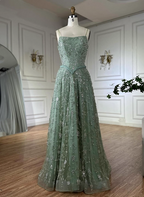 Gorgeous Green A-Line Square Neck Spaghetti Strap Beaded Embroidered Tulle Long Classy Prom Dress
