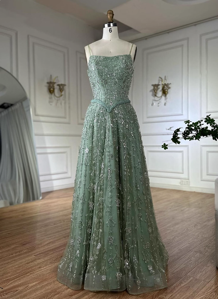Gorgeous Green A-Line Square Neck Spaghetti Strap Beaded Embroidered Tulle Long Classy Prom Dress