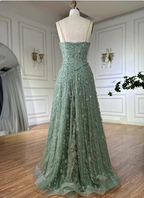 Gorgeous Green A-Line Square Neck Spaghetti Strap Beaded Embroidered Tulle Long Classy Prom Dress