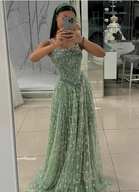 Gorgeous Green A-Line Square Neck Spaghetti Strap Beaded Embroidered Tulle Long Classy Prom Dress