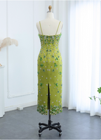 Gorgeous Green Bodycon Spaghetti Strap Square Neck Rhinestone Satin Long Classy Prom Dress
