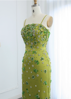 Gorgeous Green Bodycon Spaghetti Strap Square Neck Rhinestone Satin Long Classy Prom Dress