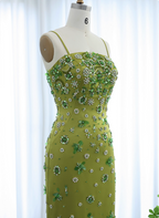 Gorgeous Green Bodycon Spaghetti Strap Square Neck Rhinestone Satin Long Classy Prom Dress