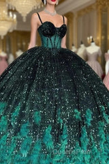 Gorgeous Green Sequins Feathers Ball Gown Quinceanera Dress Formal Sweet 16 Evening Prom Dress
