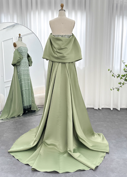 Gorgeous Green Strapless Beaded Cape Satin Train Classy Prom Dress