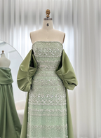 Gorgeous Green Strapless Beaded Cape Satin Train Classy Prom Dress
