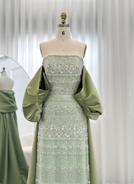 Gorgeous Green Strapless Beaded Cape Satin Train Classy Prom Dress