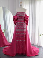 Gorgeous Green Strapless Beaded Cape Satin Train Classy Prom Dress