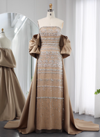 Gorgeous Green Strapless Beaded Cape Satin Train Classy Prom Dress
