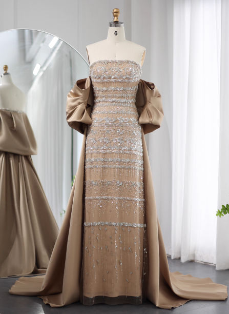 Gorgeous Green Strapless Beaded Cape Satin Train Classy Prom Dress