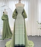 Gorgeous Green Strapless Beaded Cape Satin Train Classy Prom Dress