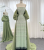 Gorgeous Green Strapless Beaded Cape Satin Train Classy Prom Dress