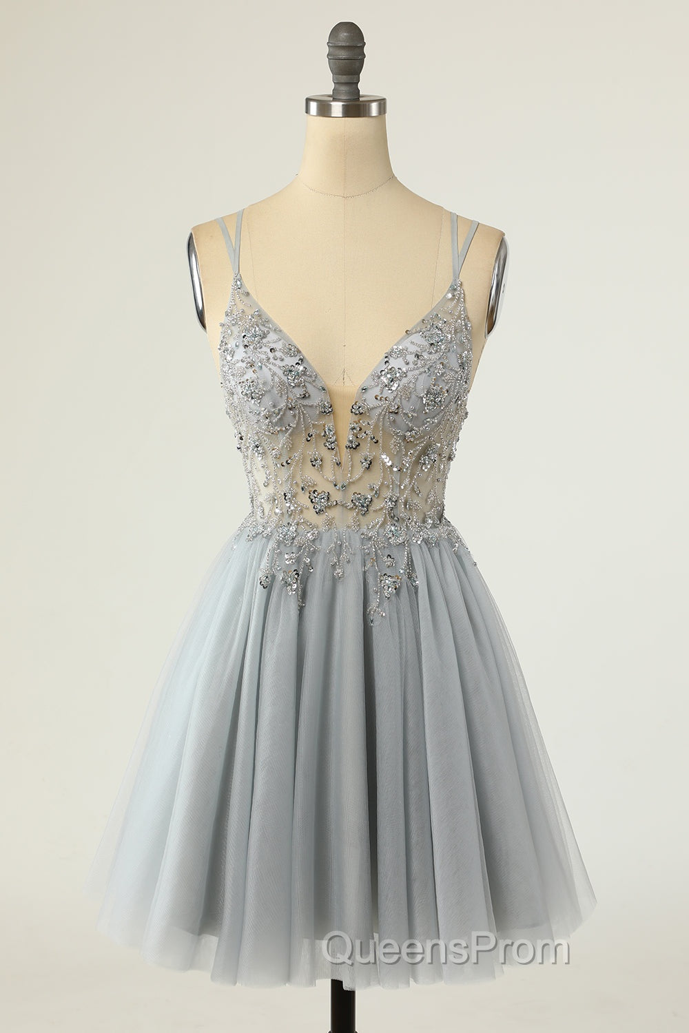 Gorgeous Grey Homecoming Dress A Line Spaghetti Straps Short Evening Prom Dress with Beading Secondary image