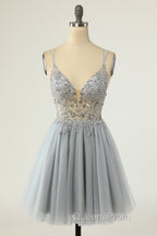 Gorgeous Grey Homecoming Dress A Line Spaghetti Straps Short Evening Prom Dress with Beading