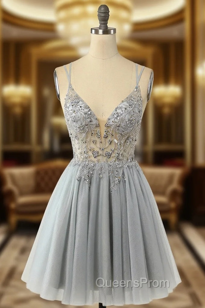 Gorgeous Grey Homecoming Dress A Line Spaghetti Straps Short Evening Prom Dress with Beading Main image