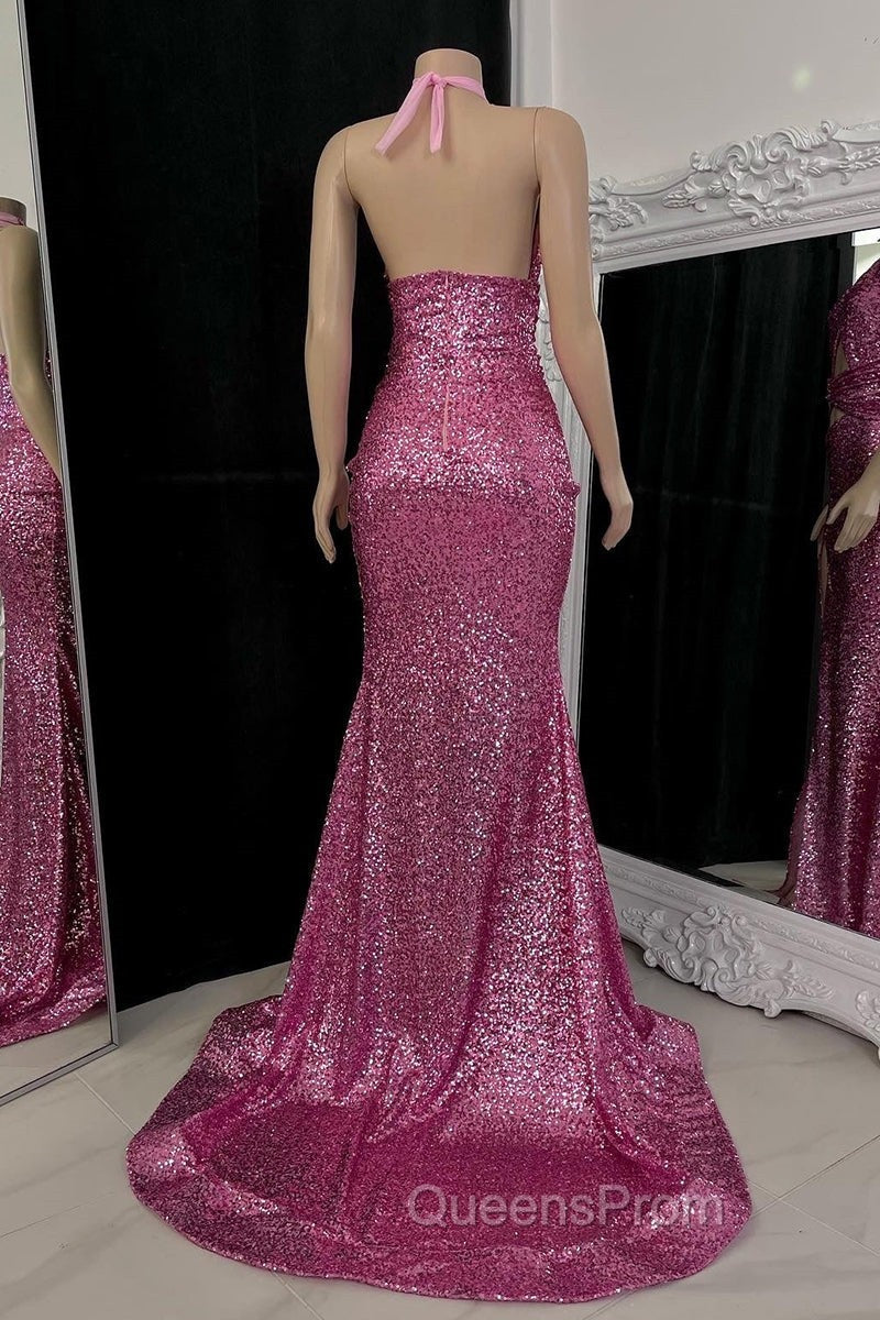 Gorgeous Halter Pink Evening Prom Dress Sequins Sleeveless Long With Split Secondary image